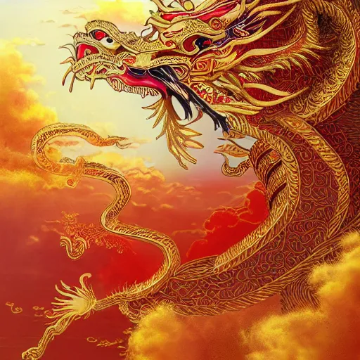 Image similar to golden paper + an intricate chinese dragon in the clouds depiction + elaborate red illustration by wu daozi, tang yin, qiu ying, very detailed, deviantart, 8 k vertical wallpaper, tropical, colorful, airy, anime illustration, anime nature