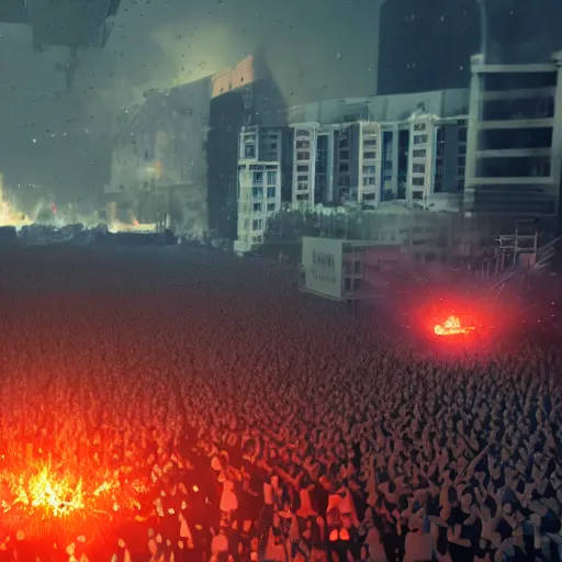 Image similar to the biggest mosh pit in the world, punks throwing Molotovs in the air, fighting, flame and fire, glowing upside cross, cinematic, epic, volumetric, godrays, dynamic lighting, dust flying up into the air, people shooting into the air with guns, octane render, photorealistic, unreal engine, artstation, artstation trending, artstation hq, artstation hd, Pinterest, 8k, ultra detailed, ultra realistic,