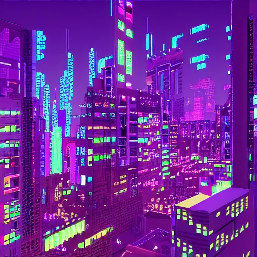 Prompt: pixel art cyberpunk city by beeple, purple and blue, neon lights