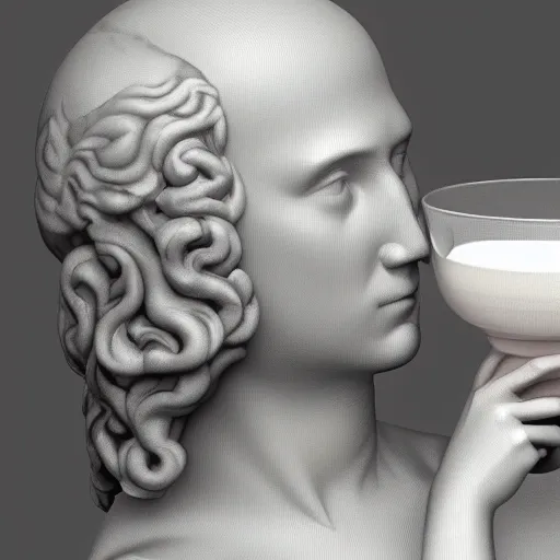 Image similar to a 3 d model of a white marble human head in a renaissance style holding a coctail, digital illustration, 3 d render, above the waist