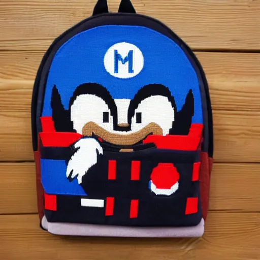 Prompt: a backpack embroidery Barack Obama sonic the hedgehog super Mario