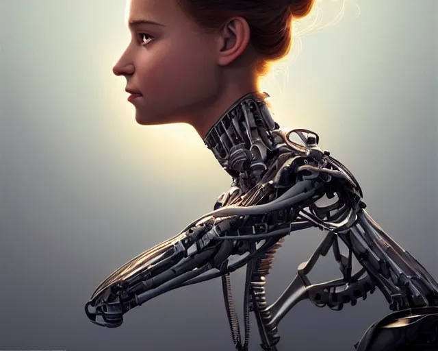 Image similar to weta disney pixar movie still head and torso portrait photo of young alicia vikander lying on her back on a mechanical table with a white ponytail as thoughtful intricate detailed mechanical plastic cyborg girl by pixar, by weta, wlop, ilya kuvshinov, rossdraws, artgerm, latex, iridescent, bright morning, anime, liosh, mucha