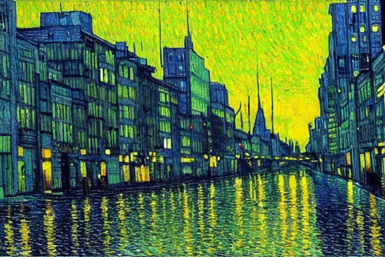 Image similar to cyberpunk city in the style of vincent van gogh