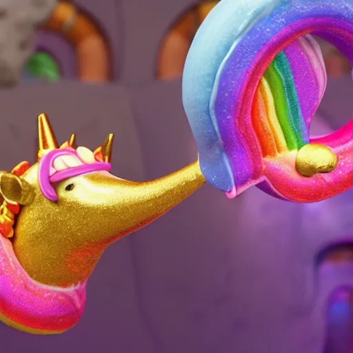 Prompt: a unicorn with flammingo neck is pooping rainbow colored donuts, unreal engine, octane render