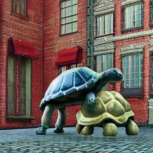 Image similar to Manga cover of a little girl riding on top of a giant tortoise through the streets of Bruges, 3d render diorama by Hayao Miyazaki, official Studio Ghibli still, color graflex macro photograph, Pixiv