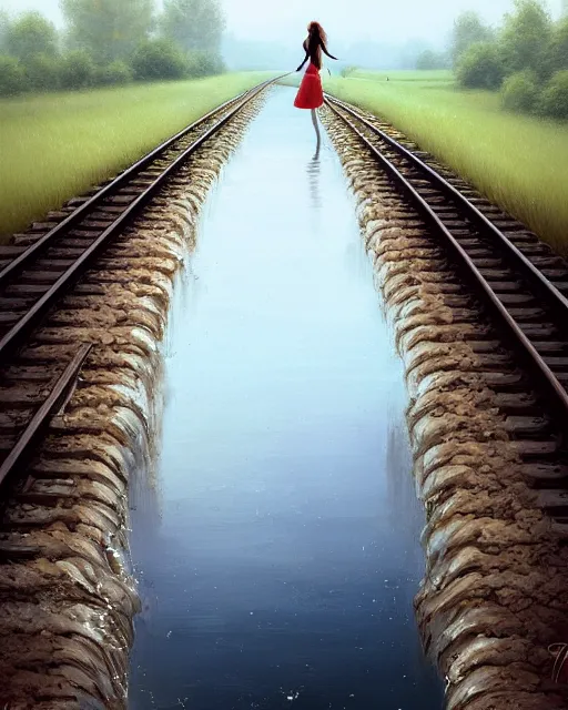 Image similar to shallow reflective water completely covers submerged train tracks as a girl walks along carrying her shoes, there is a train station in the distance, large white clouds on a wide horizon, intricate, elegant, highly detailed, digital painting, artstation, concept art, smooth, sharp focus, illustration, art by artgerm and greg rutkowski and fra angelico
