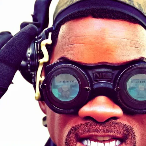 Image similar to will smith wearing big steampunk googles, colored photo by gustave baumann