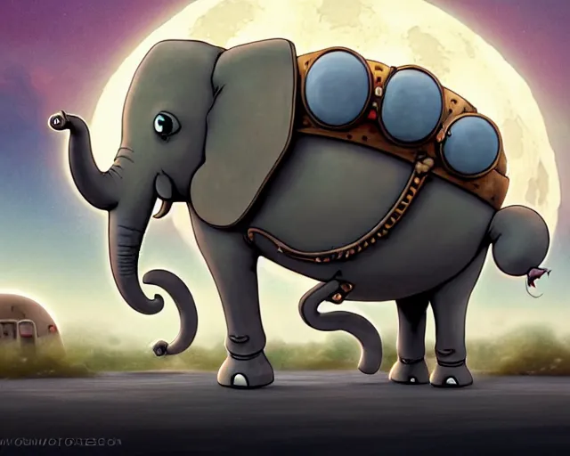 Prompt: a cell shaded cartoon tiny grey lovecraftian mechanized elephant from howl's moving castle ( 2 0 0 4 ), with a big head, on a desert road, wide shot, in front of a big moon, muted colors, post grunge, josan gonzales, wlop, by james jean, victor ngai, hq, deviantart, art by artgem