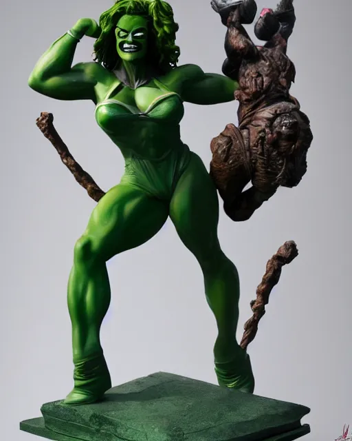 Image similar to maquette sculpture of the sensational she hulk dressed as an avenger, lifting a volkswagen beetle over her head, hyperreal, highly detailed, in the style of jordu schell