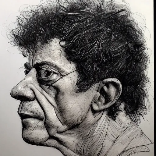 Image similar to a realistic yet scraggly portrait sketch of the side profile of a stern and sophisticated lou reed, trending on artstation, intricate details, in the style of frank auerbach, in the style of sergio aragones, in the style of martin ansin, in the style of david aja, in the style of mattias adolfsson