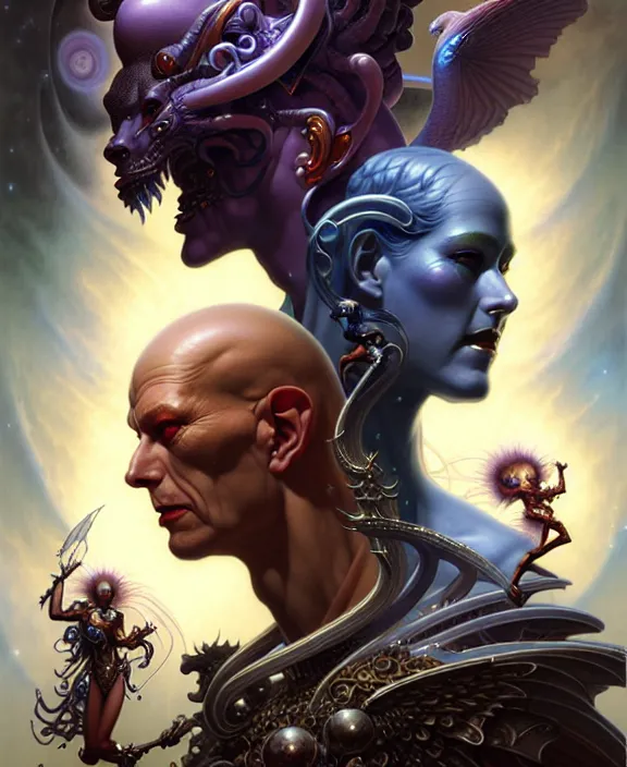 Image similar to beautiful gemini good and evil fantasy character portrait, ultra realistic, wide angle, intricate details, the fifth element artifacts, highly detailed by peter mohrbacher, hajime sorayama, wayne barlowe, boris vallejo, aaron horkey, gaston bussiere, craig mullins