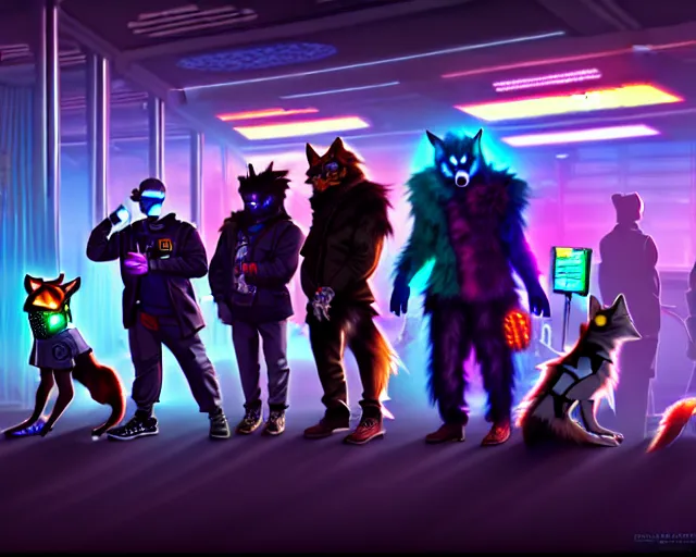 Image similar to high - resolution photograph from a cyberpunk era furry fandom convention ( midwest furfest 2 0 4 7 ), taking place after the genetic revolution and quantum singularity. photorealistic.