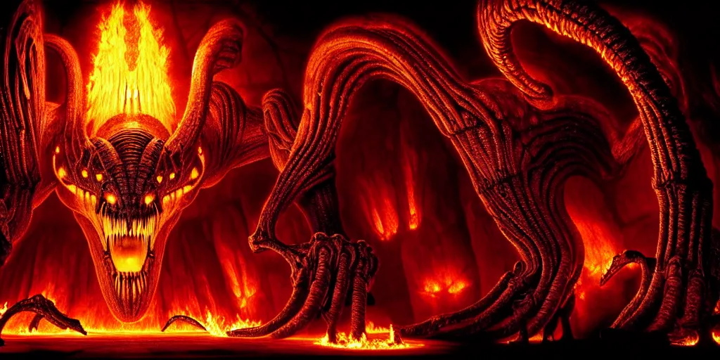 Image similar to giant balrog running through a great hall towards the camera, columns along both sides of the great hall in moria, balrog is breathing fire, style of h. r. giger, dark, cinematic