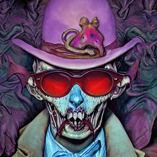 Image similar to Fear and Loathing Vampire in Wonderland, a psychedelic horror fantasy portrait by Wayne Barlowe and Artgerm, vivid color, album cover,