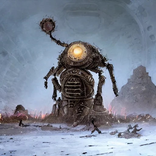 Image similar to giant armored ashigaru beetle war construct golem, glowing gnostic brian froud markings, magic and steam - punk inspired, in an ancient stone circle on a plateau in a blizzard, kanji markings, concept painting by jessica rossier, hr giger, john berkey