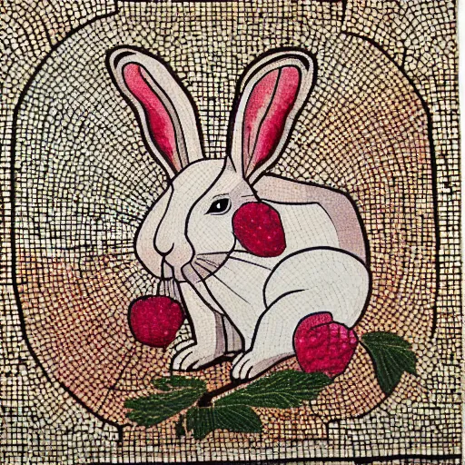 Image similar to a rabbit eating raspberries in the style of ancient mosaic