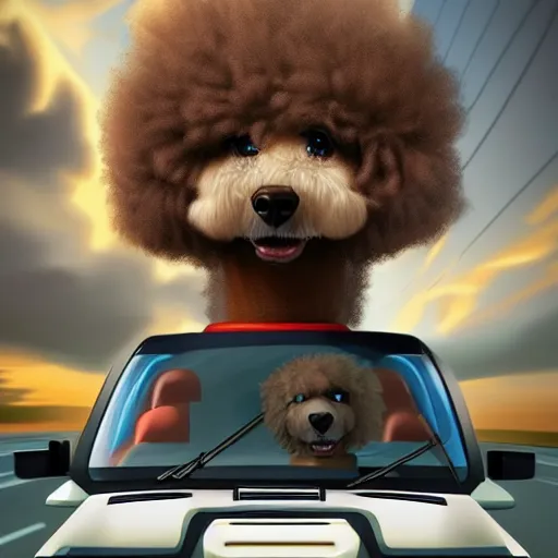 Image similar to fluffy poodle [ [ sticking its head out of the window ] ]!!, driving a cybertruck in las vegas, [ digital art ]!!, trending on cgsociety