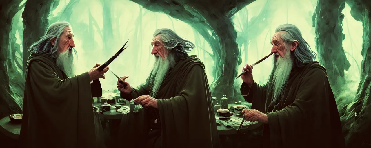 Prompt: duotone concept illustration 3 / 4 portrait of 2 persons jrr tolkien and wizard gandalf in hobbit house smoking pipe rustical style. cinematic volumentric lighting. accidental renaissance. by sachin teng and sergey kolesov and ruan jia and heng z. graffiti art, scifi, fantasy, hyper detailed. octane render. concept art. trending on artstation