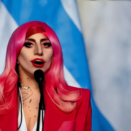 Image similar to Lady Gaga as president, Argentina presidential rally, Argentine flags behind, bokeh, giving a speech, detailed face, Argentina