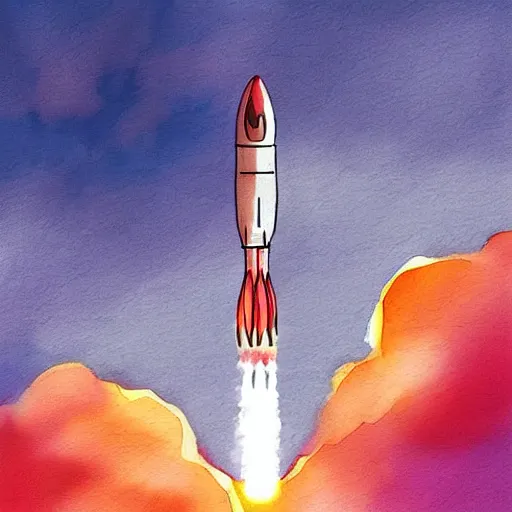Image similar to a rocket launching into the sky, sunset, fluffy clouds, beautiful digital art, pixiv, digital watercolor painting