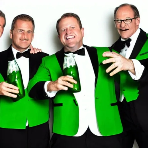 Prompt: 5 middle aged men wearing tuxedos, each man is holding a green bottle