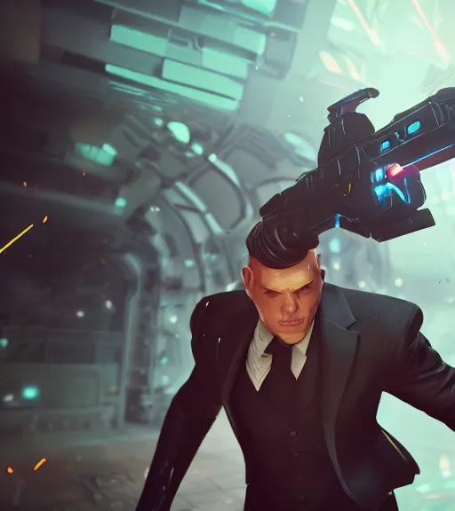 Image similar to a man in formal suit wielding dual sci-fi guns, octane render, character splash art, fighting pose, action pose, digital painting, WLOP, trending on artstation, 8k, epic composition, highly detailed, sharp focus