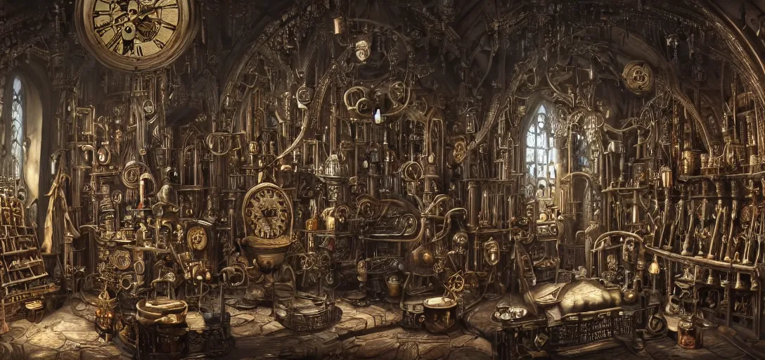 Image similar to An intricate scene of an interior of a gothic castle with a lot of magic bottles and mechanisms of an alchemist, other bookshelves with bottles and alchemy stuff in the background::huge mechanical clocks in the center of composition with a lot of pipes and wires::dark fantasy, detailed concept art, artstation, high details::8K, 4K, sharp focus, octane render