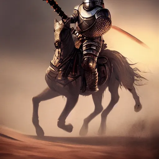 Image similar to A hyper realistic painting of a medieval knight fighting a war in the desert, dust and blood and fog in the air, dark and horrifying battlefield environment, hyper realistic, cinematic lighting, volumetric lighting, Gold and Silver Armour Suit, trending on Artstation