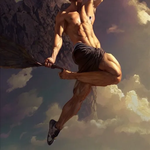 Image similar to ultra realistic illustration, a very tall and muscular gigachad flexing on top of a mountain, zyzz pose, intricate, elegant, highly detailed, digital painting, artstation, concept art, smooth, sharp focus, illustration, art by artgerm and greg rutkowski and alphonse mucha