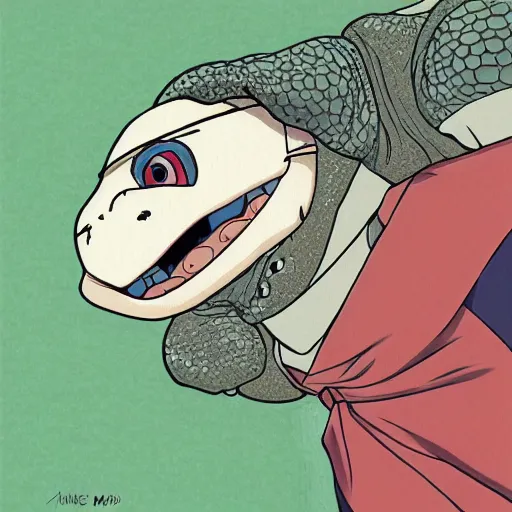 Image similar to portrait of an excited turtle, hayao miyazaki, cartoon, anime, sharp, focus, illustration