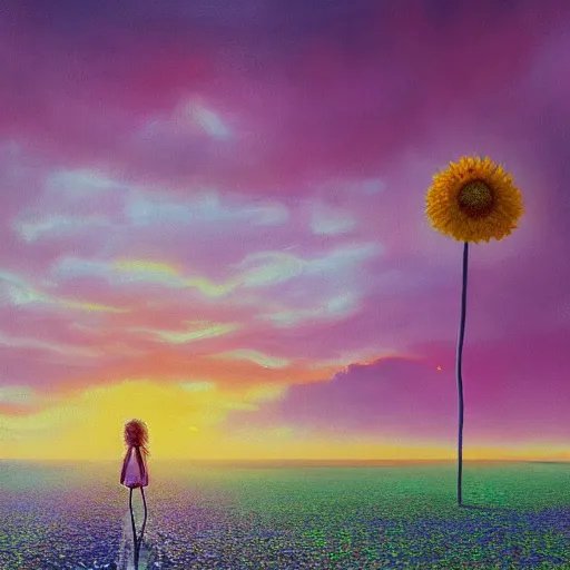 Image similar to giant daisy flower head, girl walking on salt flats mountains, surreal photography, sunrise, dramatic light, impressionist painting, colorful clouds, digital painting, artstation, simon stalenhag