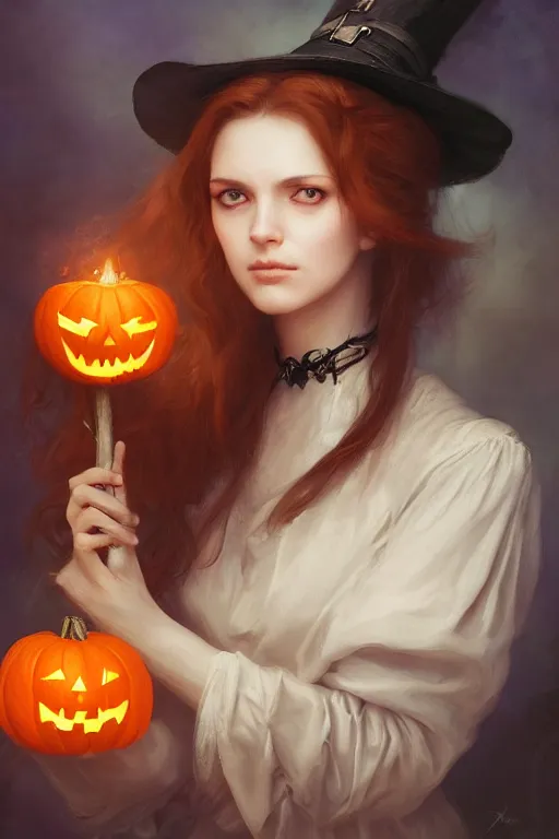 Image similar to portrait of a beautiful victorian witch holding a jack - o - lantern, halloween night, charlie bowater, artgerm, ilya kuvshinov, krenz cushart, ruan jia, realism, ultra detailed, 8 k resolution