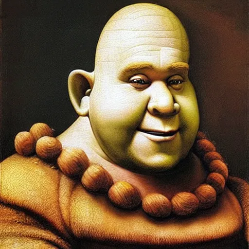 Prompt: An airbrush caricature of Shrek, painting by Leonardo Da Vinci , oil painting