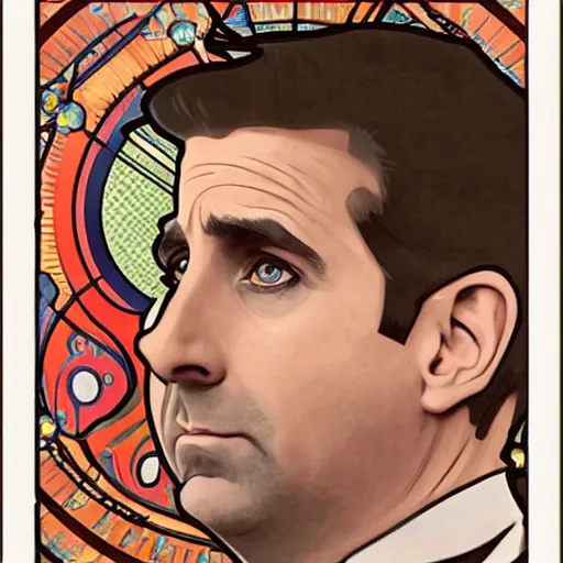 Image similar to a detailed animated portrait of Michael Scott from The office, wearing pijamas, by Alphonse Mucha