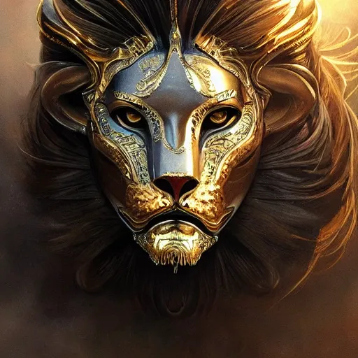 Image similar to Very very very very highly detailed epic photo of face with lion venetian mask, intricate, dystopian, sci-fi, extremely detailed, digital painting, artstation, concept art, smooth, sharp focus, illustration, intimidating lighting, incredible art by Artgerm and Brom and Vincent di Fate