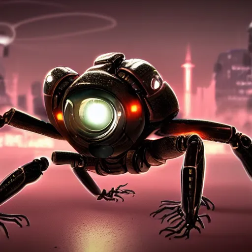 Prompt: cyborg robot, emissive lights, crab, jumping spider, realistic, futuristic, intricate, apocalyptic