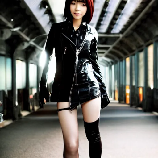 Image similar to an epic cinematic 8K HD movie shot of a japanese young J-Pop idol girl wearing leather jacket, miniskirt, nylon tights and high heels boots. Inspirational arthouse