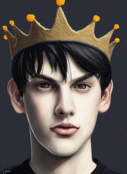 Image similar to portrait of teenage jughead jones wearing a light grey crown, photorealistic, single color crown made of fabric, crown made of felt, black hair, intricate, elegant, highly detailed, digital painting, glowing lights, artstation, concept art, smooth, sharp focus, illustration, art by wlop, mars ravelo and greg rutkowski