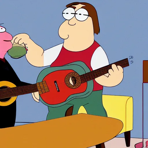 Image similar to bert jansch playing guitar next to peter griffin in family guy