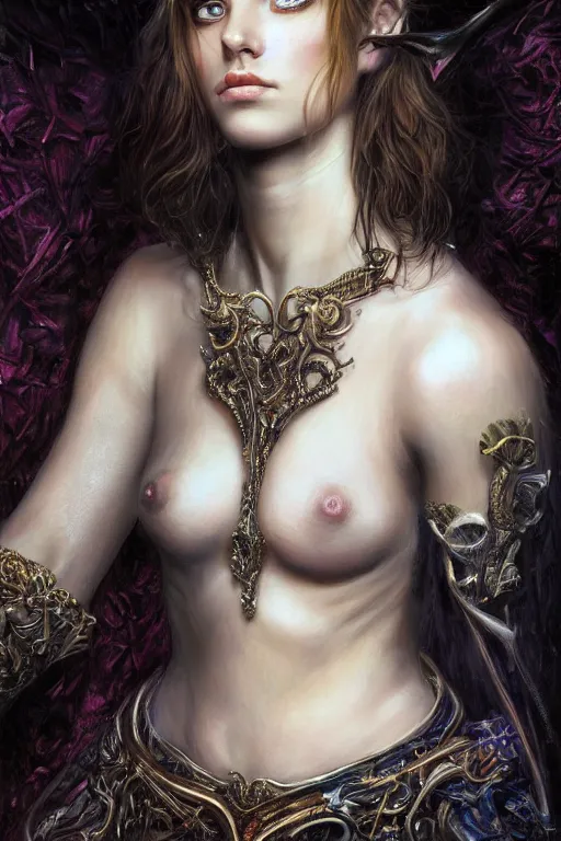 Image similar to high quality extremely detailed closeup portrait of a young attractive female necromancer looking away from the camera, realistic eyes, sparkle in eyes, no hands visible, fantasy, d & d, intricate, painting by lucian freud and mark brooks, hd