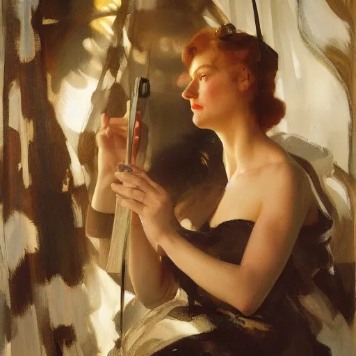 Prompt: black mirror, long shot, face detail by theodore ralli and nasreddine dinet and anders zorn and nikolay makovsky and edwin longsden long,, painting by sargent and leyendecker and greg hildebrandt, high detail 8 k