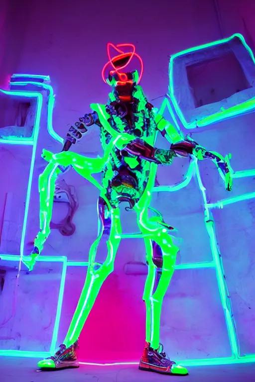 Image similar to full-body neon porcelain baroque cyberpunk style sculpture of a muscular handsoe prince as a high-fashion half-robot wearing retro shades with a porcelain body, corrupted battery, leaking glowing neon radioactive liquid, electric sparks, glowing violet laser beam eyes, crown of giant crt monitors, flowing pink and orange neon-colored glitched silk, luminescent fabrics, mechanical raptors. baroque and steampunk elements. full-length view. baroque element. intricate artwork by caravaggio. Very very very very highly detailed epic photo of face. Trending on artstation, octane render, cinematic lighting from the right, hyper realism, octane render, 8k, depth of field, 3D