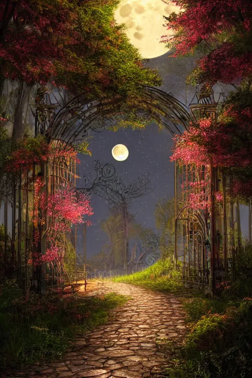 Image similar to a beautiful digital glossy clear sharp of a detailed gothic fantasy fireflies forest trees and iron gate cobblestone pathway vines full moon by james gurney, 8 k resolution trending on artstation concept art digital illustration