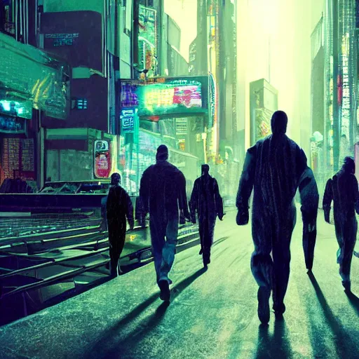 Image similar to award-winning cinematic still of a crowd of human clones, highly-detailed, establishing shot, cyberpunk style