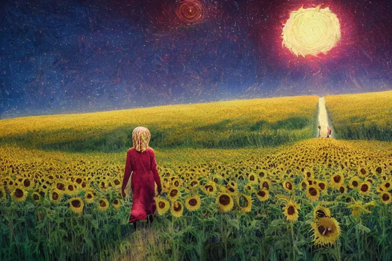 Image similar to huge sunflower head, girl walking in wheat field, hills, surreal photography, dark night, star trails, dramatic light, impressionist painting, clouds, digital painting, artstation, simon stalenhag