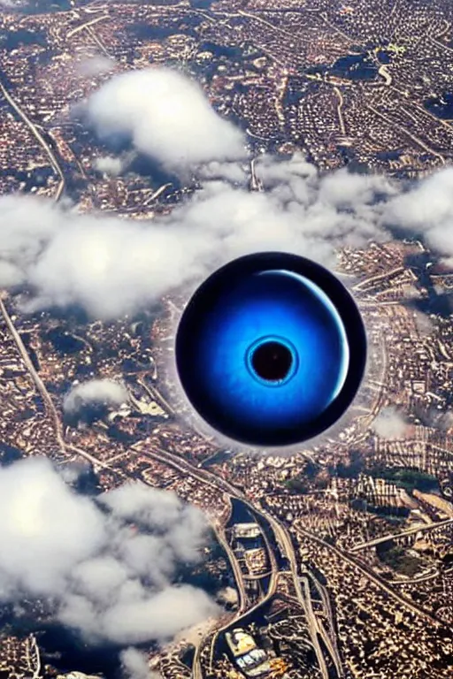 Image similar to giant eyeball!!!!! floating! in the clouds above southern california city
