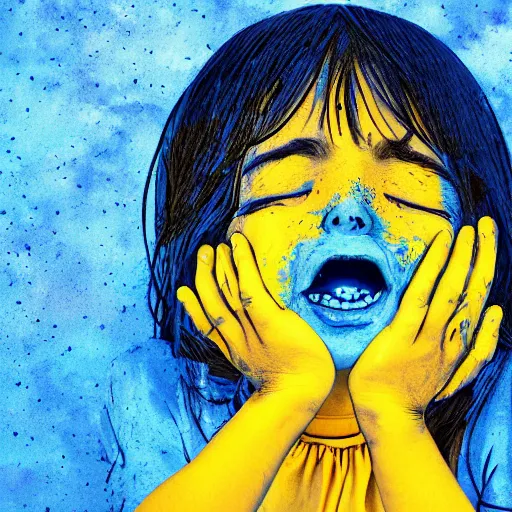 Image similar to crying girl covered by yellow and blue dust