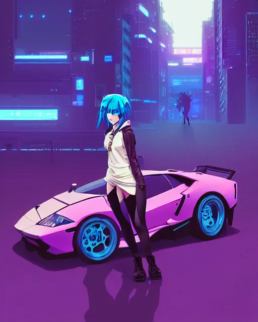 Image similar to digital illustration of cyberpunk pretty girl with blue hair, standing in front of a purple lamborghini, in junkyard at night, by makoto shinkai, ilya kuvshinov, lois van baarle, rossdraws, basquiat