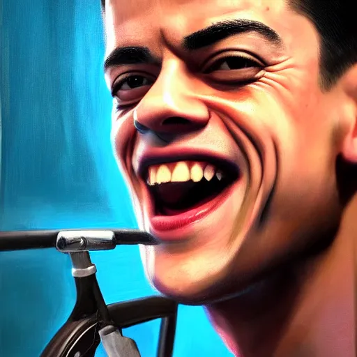 Image similar to A Hearts of Iron IV closeup portrait of a Rami Malek with bulging eyes and a huge smile, riding a tricycle. Dressed in 1980s style. Highly detailed, fine Art, high detail, great lighting, 8k resolution, masterpiece, concept art, illustration, clear eyes, painting oil on canvas, octane render, HDR, trending on artstation, 4k, 8k, HD
