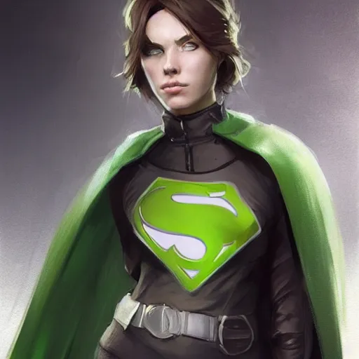 Image similar to portrait of a female superhero by greg rutkowski, she looks like thomasin mackenzie, she is wearing a black and green kevlar gear with a cape, highly detailed portrait, digital painting, artstation, concept art, smooth, sharp foccus ilustration, artstation hq